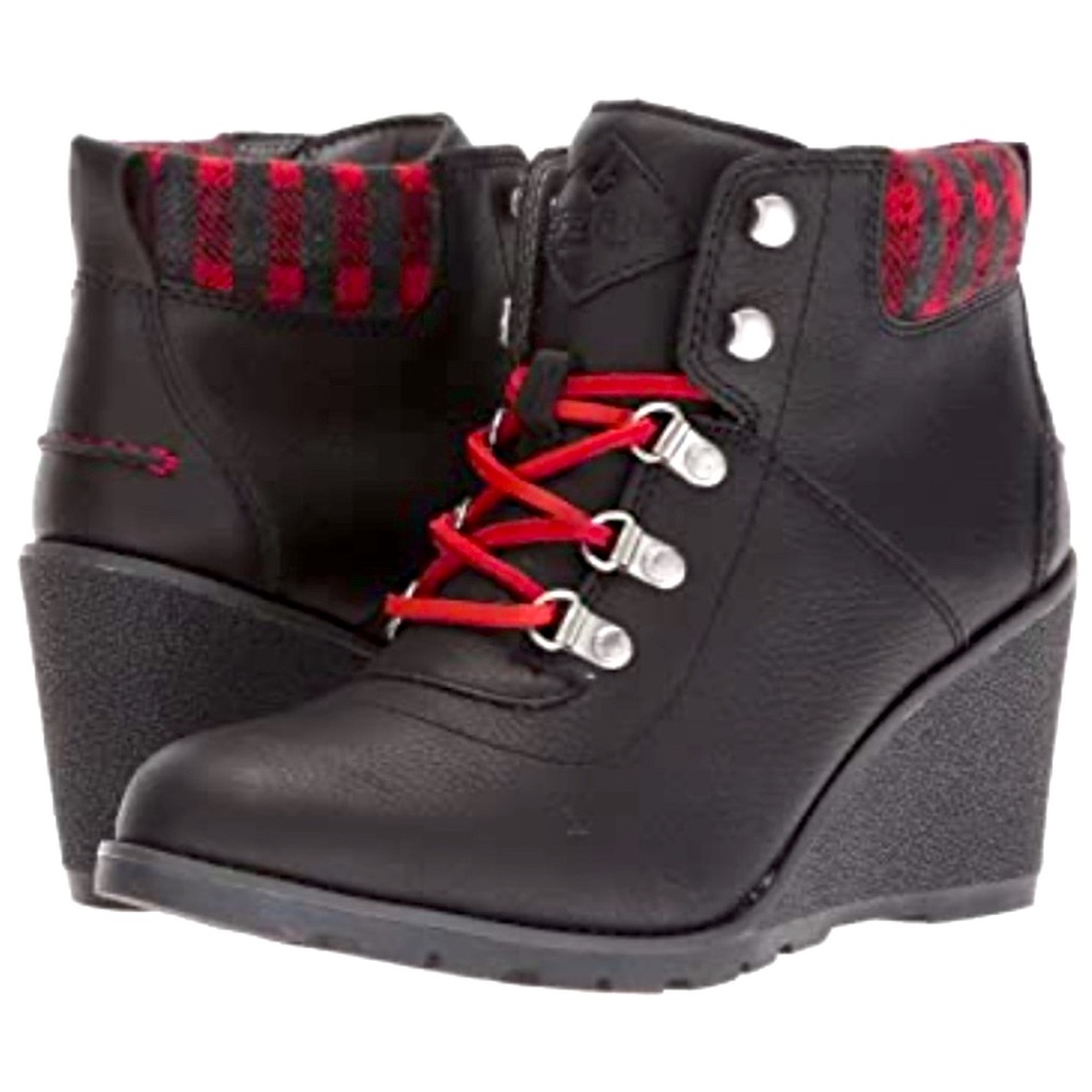 Sperry Celeste Bliss Ankle Wedge Boots with Plaid Trim Black/Red - Size 7.5